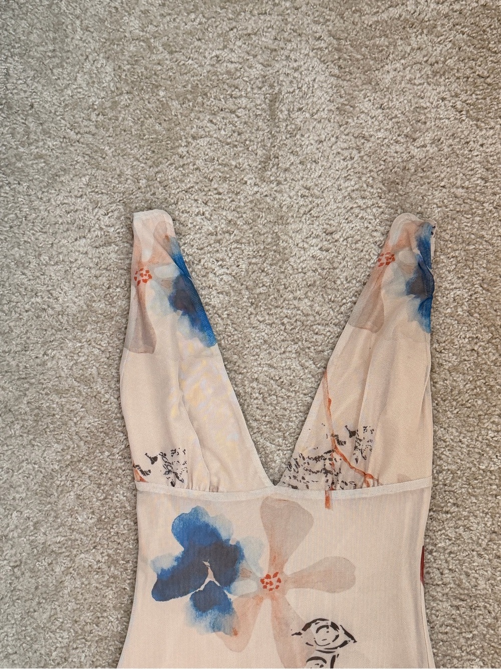 Floral V-Neck Maxi Dress in Beige with Blue & Rust Accents - Picture 3 of 5